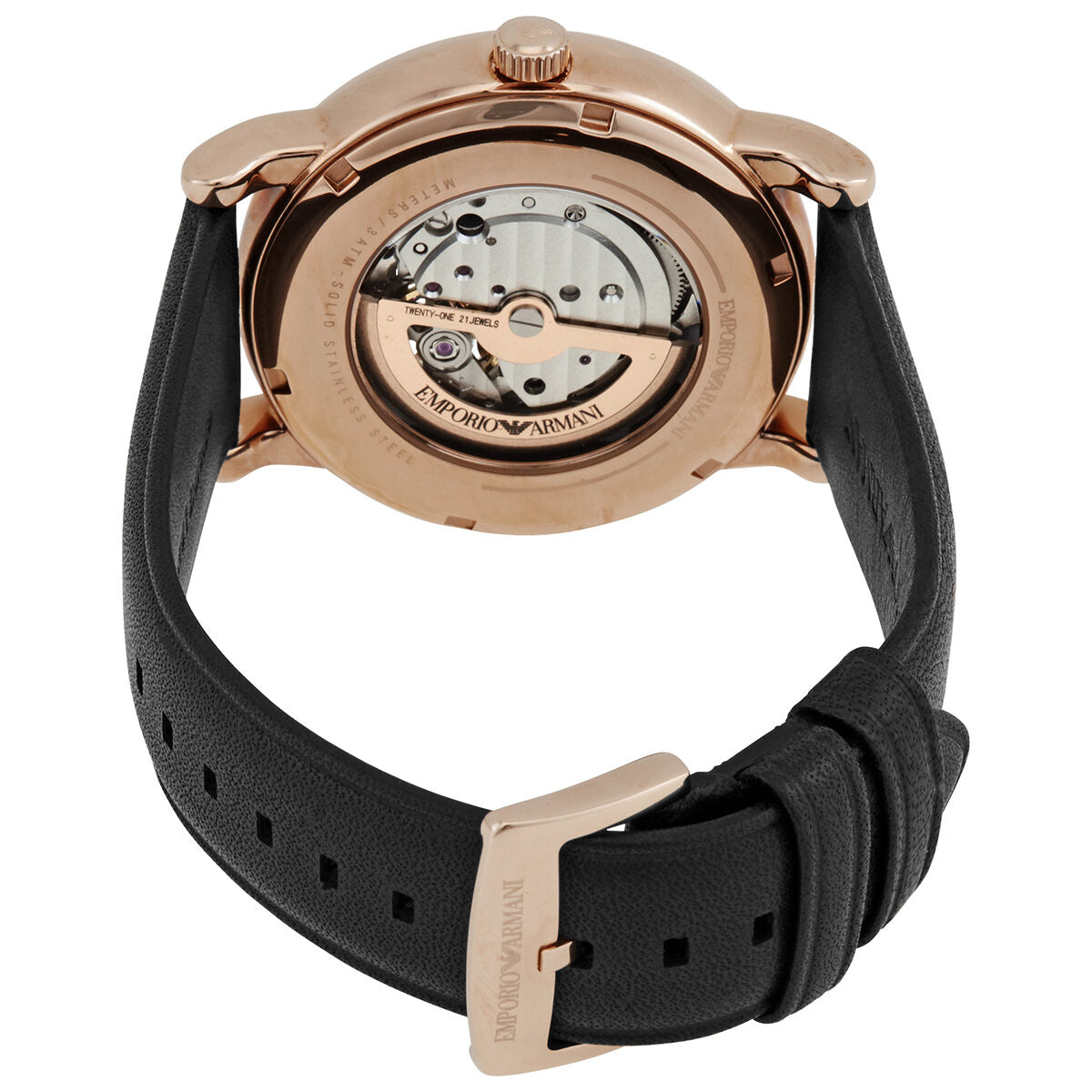 Emporio Armani Luigi caseback displaying skeleton movement and automatic mechanism