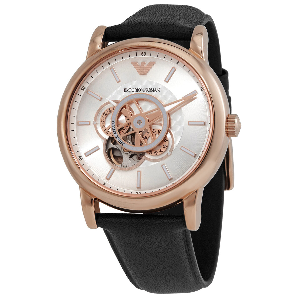 Emporio Armani Luigi automatic watch with silver dial and rose gold case on black leather strap