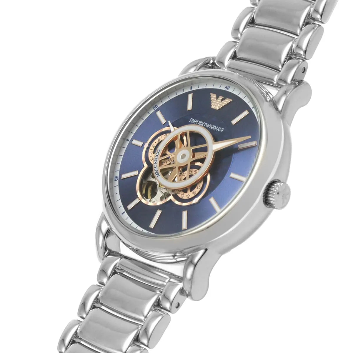 Emporio Armani Luigi Chronograph Skeleton Blue Dial Silver Steel Strap Watch AR60036