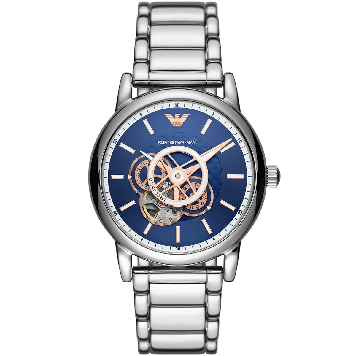 Emporio Armani Luigi Chronograph Skeleton Blue Dial Silver Steel Strap Watch AR60036