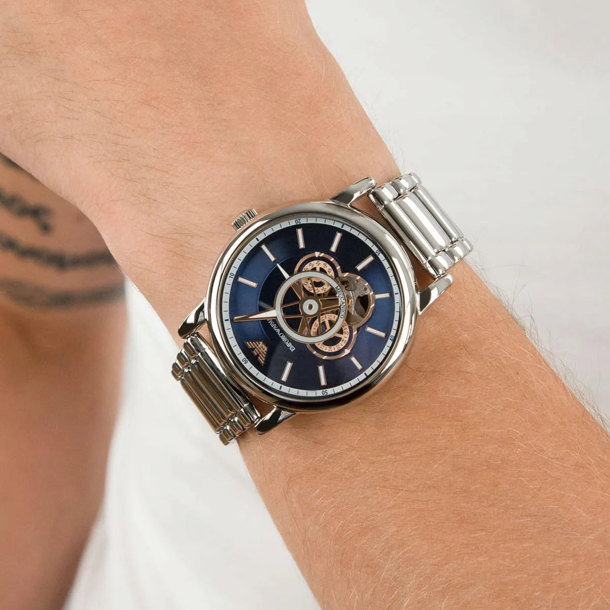 Emporio Armani Luigi Chronograph Skeleton Blue Dial Silver Steel Strap Watch AR60036