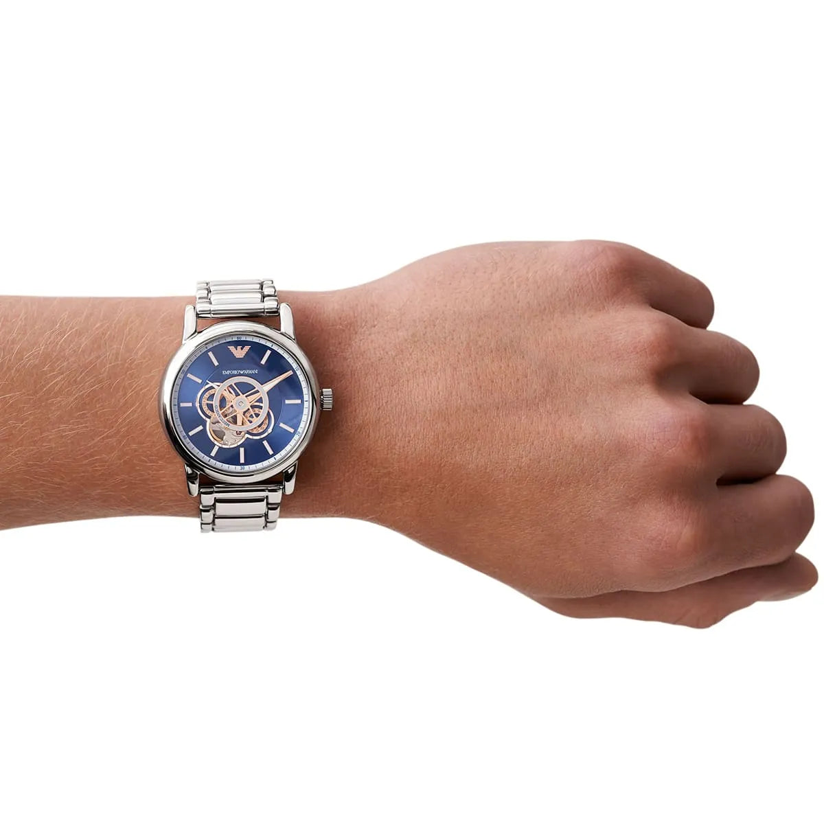 Emporio Armani Luigi Chronograph Skeleton Blue Dial Silver Steel Strap Watch AR60036