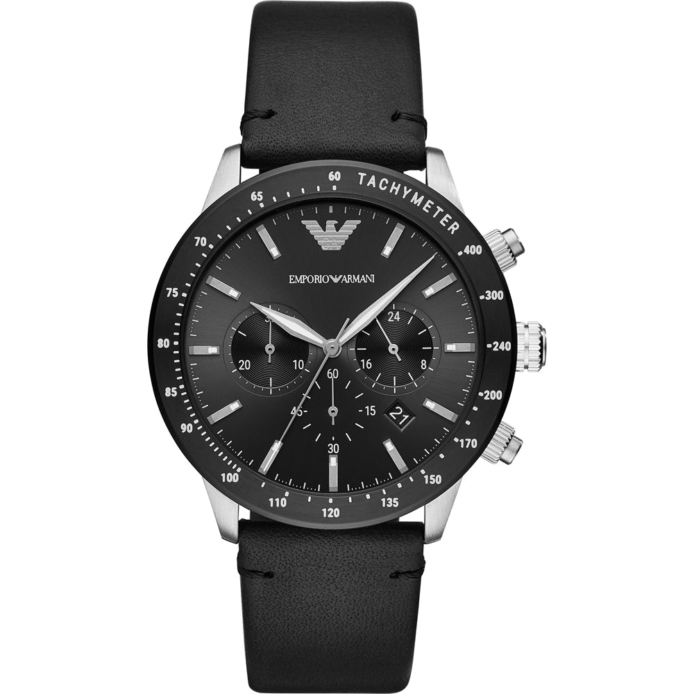 Emporio Armani Mario chronograph men's watch with black dial and tachymeter bezel