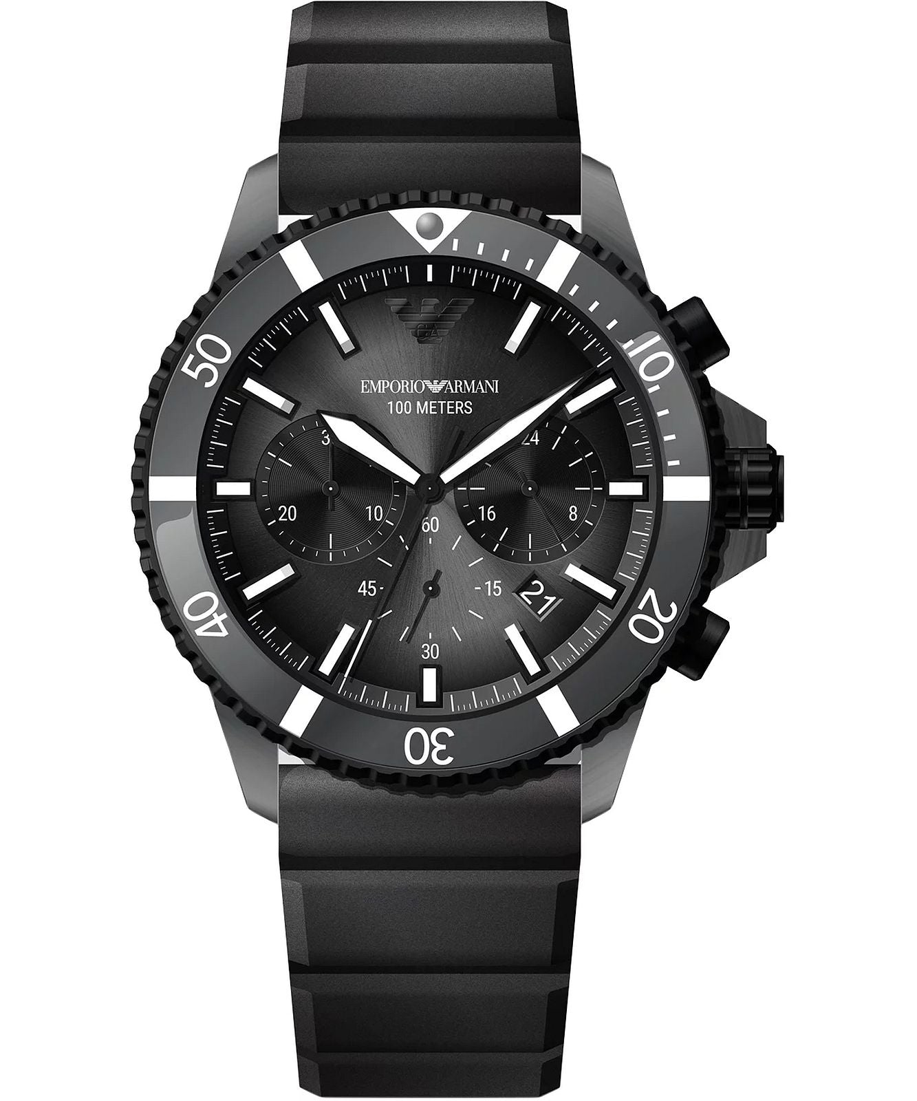 Emporio Armani Mario black chronograph watch with black silicone strap and white dial markers