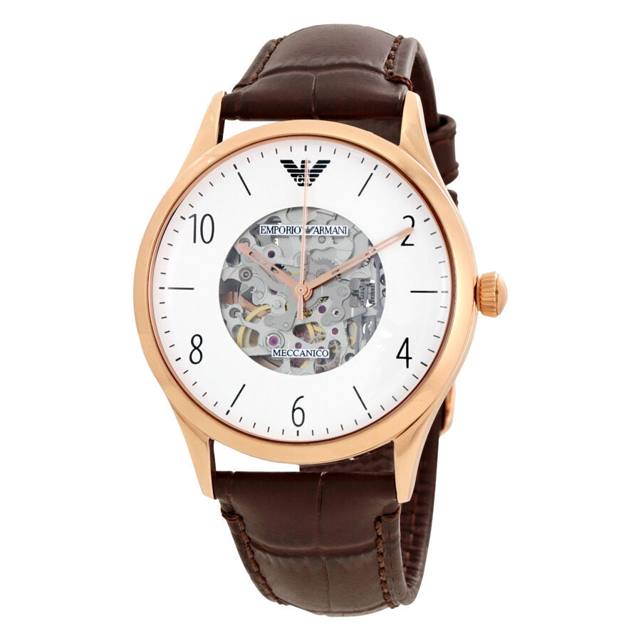 Emporio Armani Meccanico AR1920 men's watch with white dial, skeletal center, rose gold case, and brown leather strap