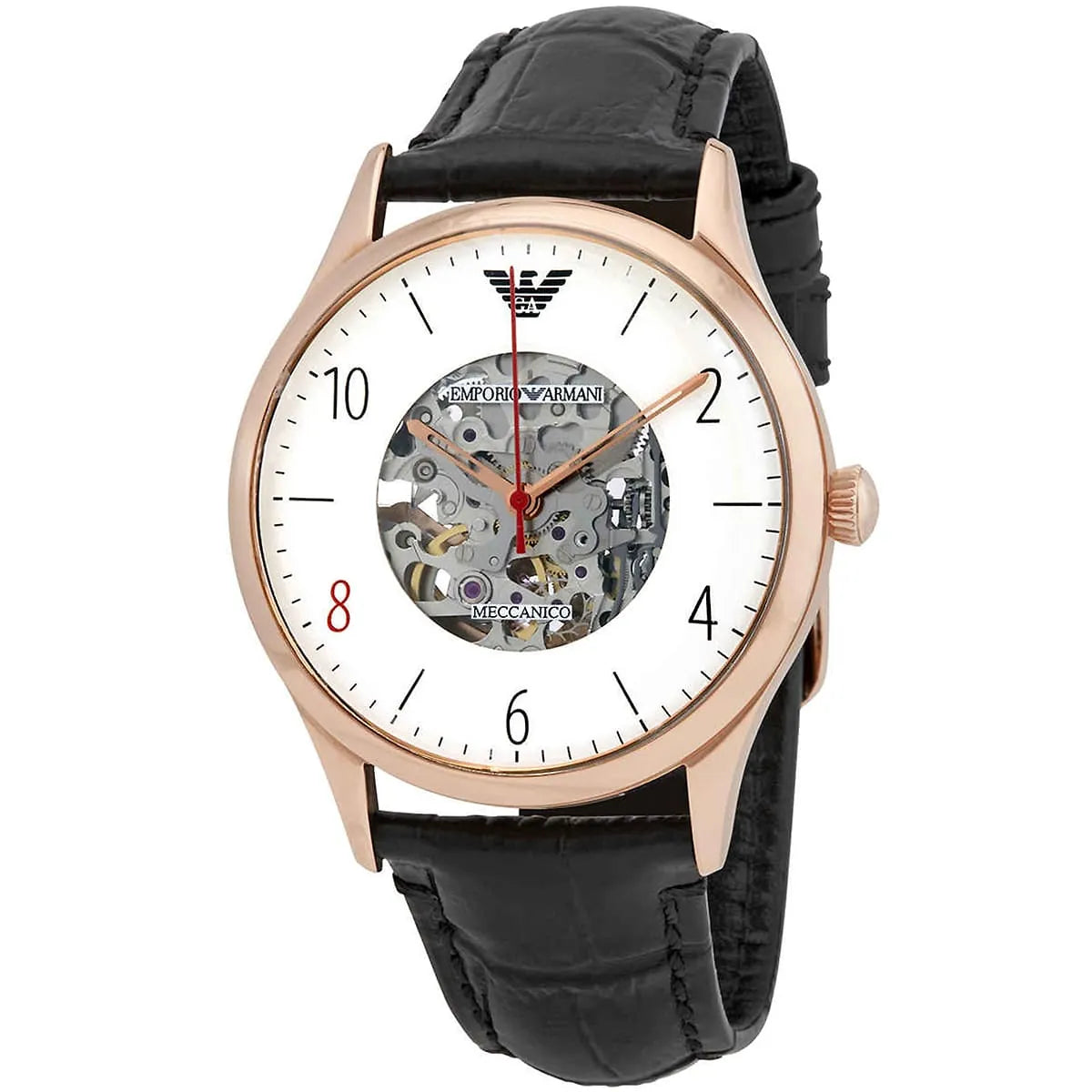 Emporio Armani Meccanico AR1924 watch at angle showing skeleton dial and black crocodile leather strap
