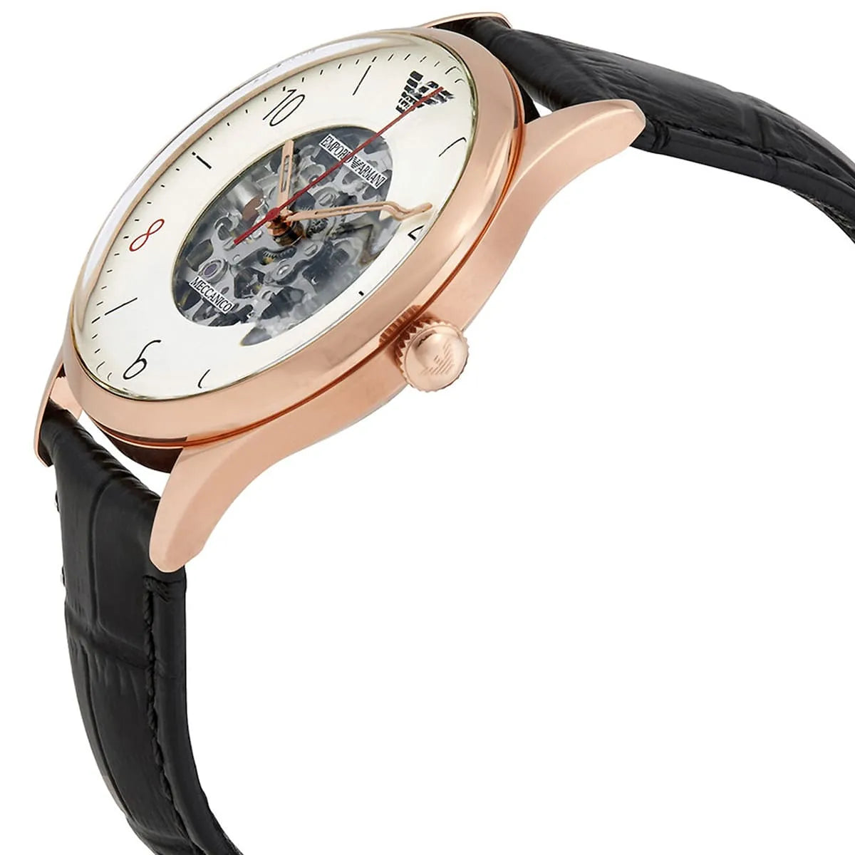 Emporio Armani Meccanico AR1924 side view showing rose gold case profile and black leather strap