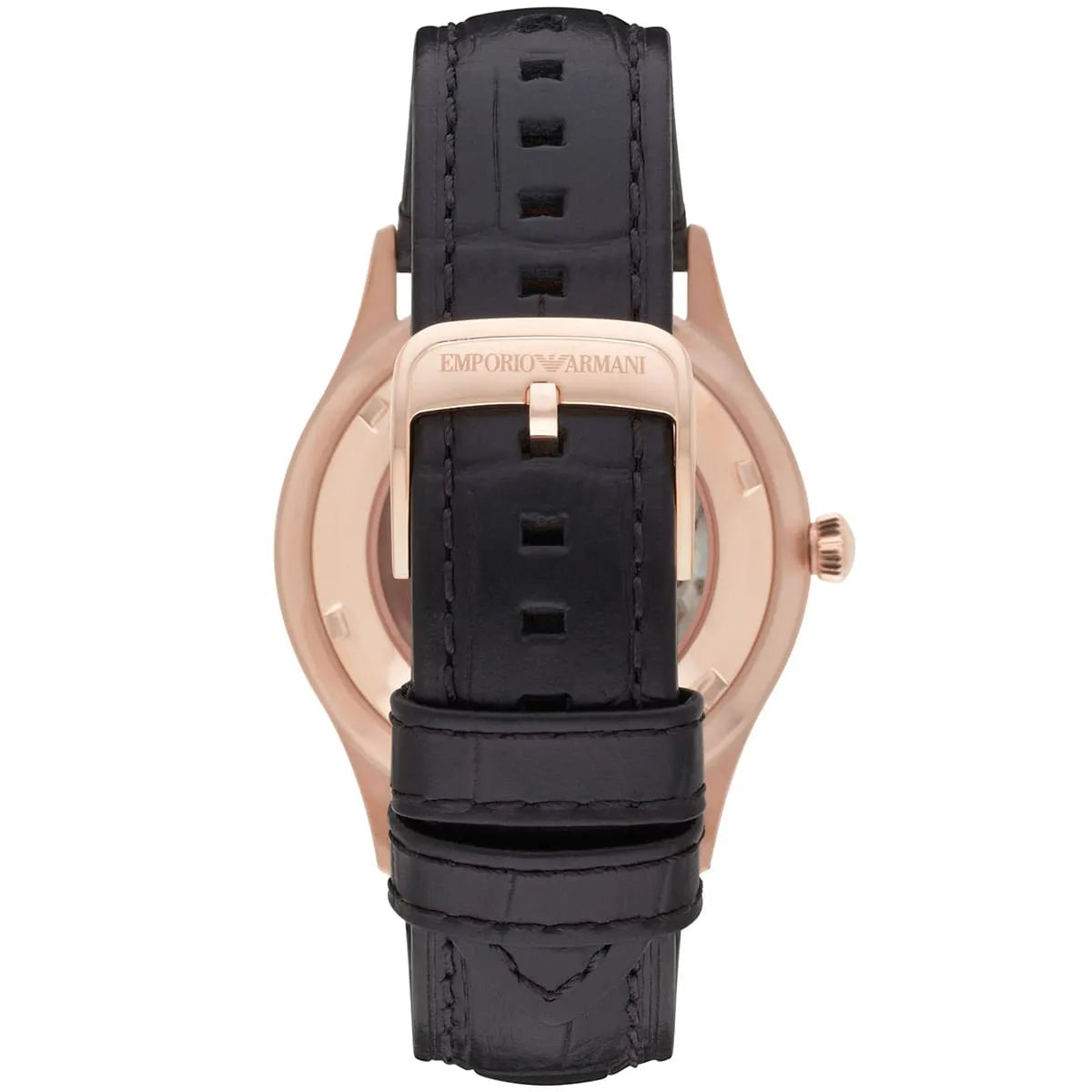 Emporio Armani Meccanico AR1924 caseback showing automatic movement and Emporio Armani branding