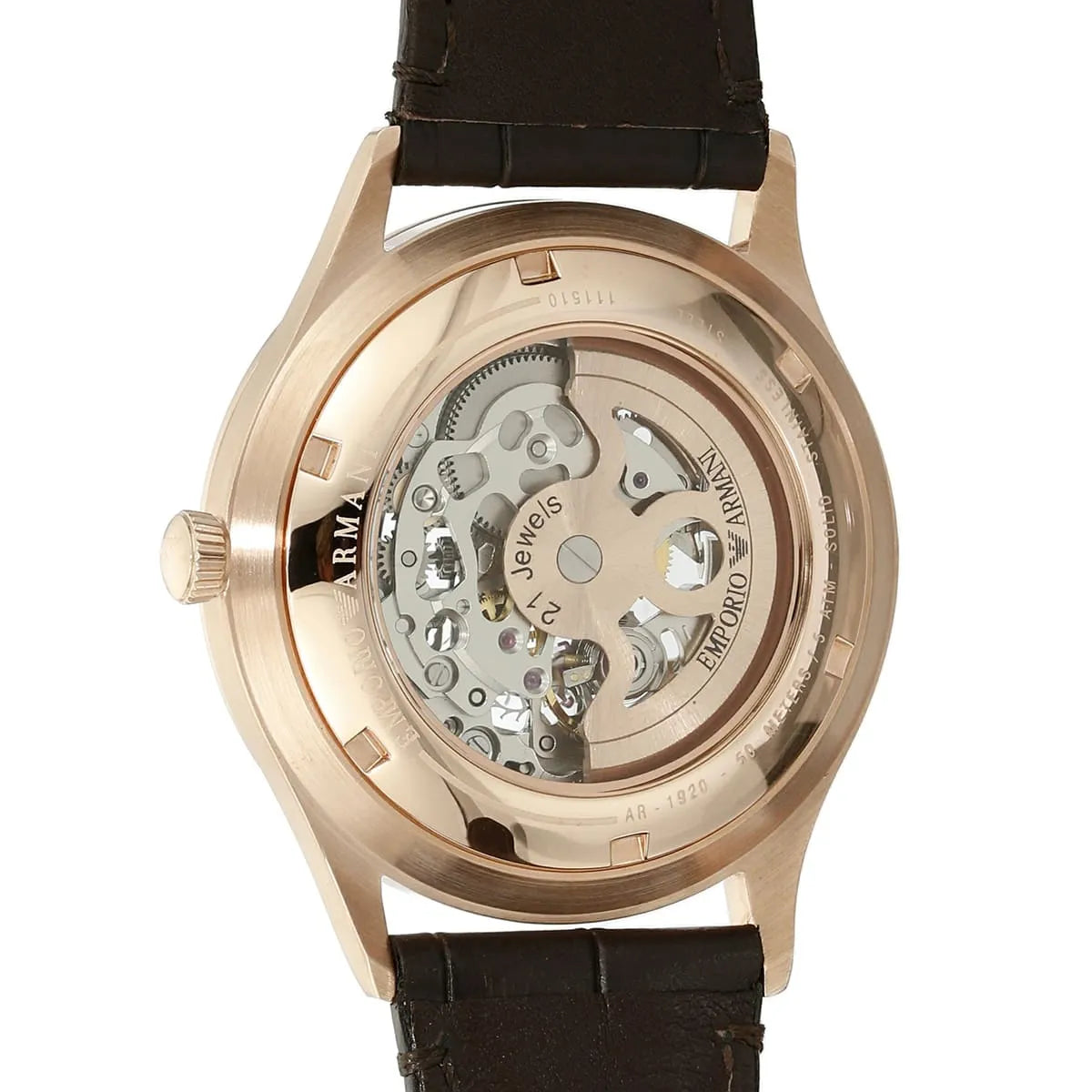 Emporio Armani Meccanico AR1924 transparent caseback displaying visible mechanical movement and gears