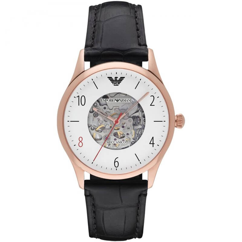 Emporio Armani Meccanico AR1924 white skeleton dial with rose gold case and black leather strap