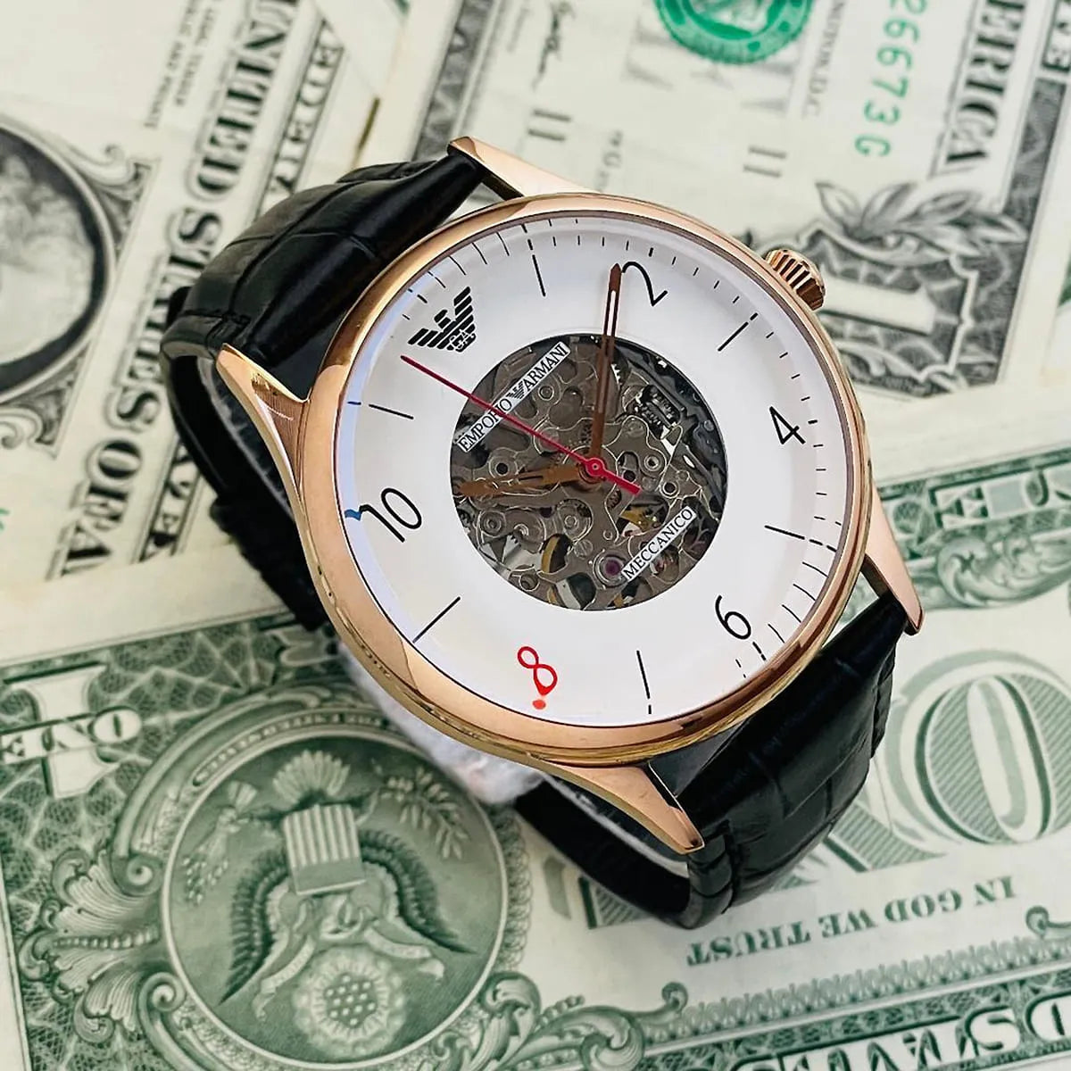 Emporio Armani Meccanico AR1924 skeleton dial watch with visible automatic movement mechanism