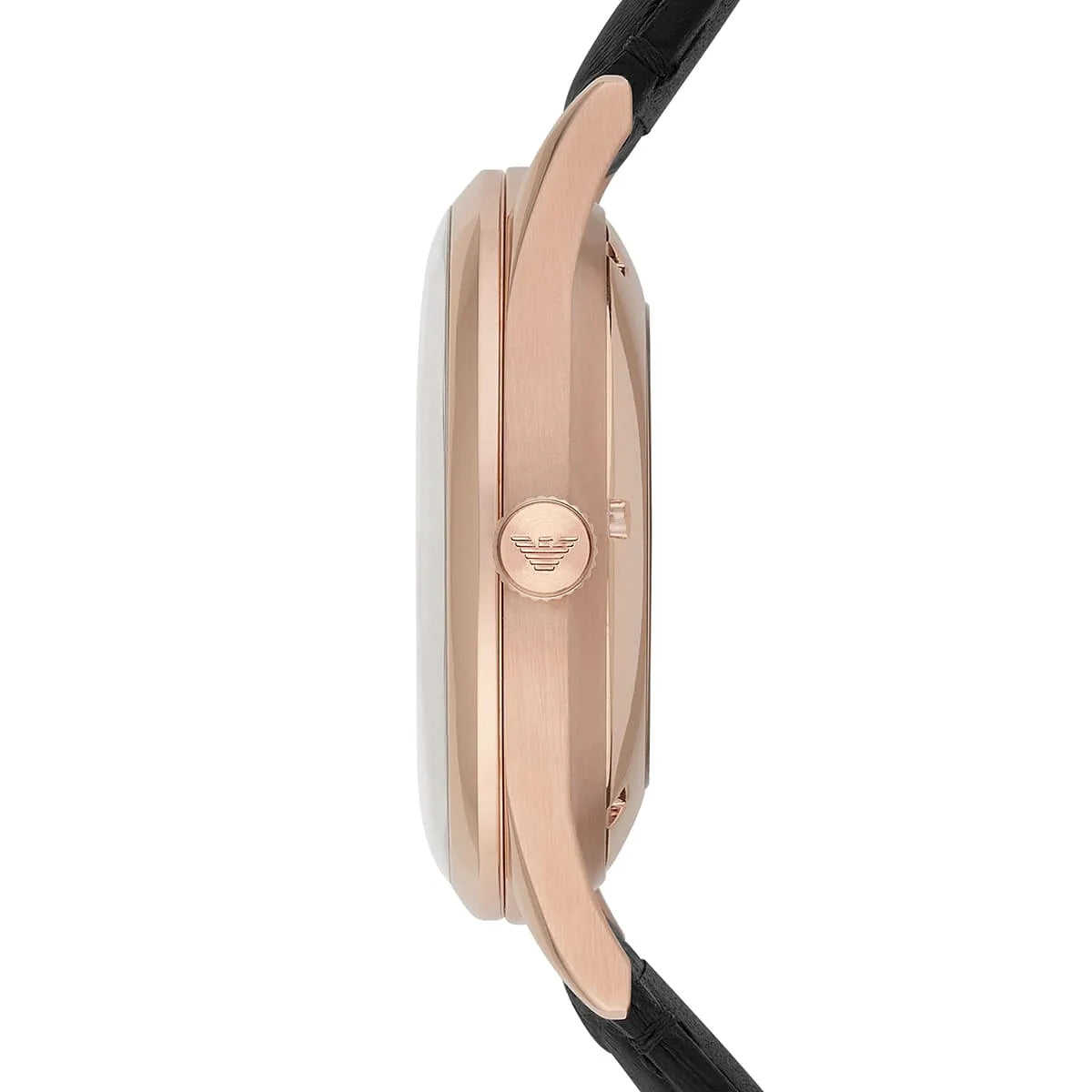 Emporio Armani Meccanico AR1924 side profile showing case thickness and Emporio Armani crown logo