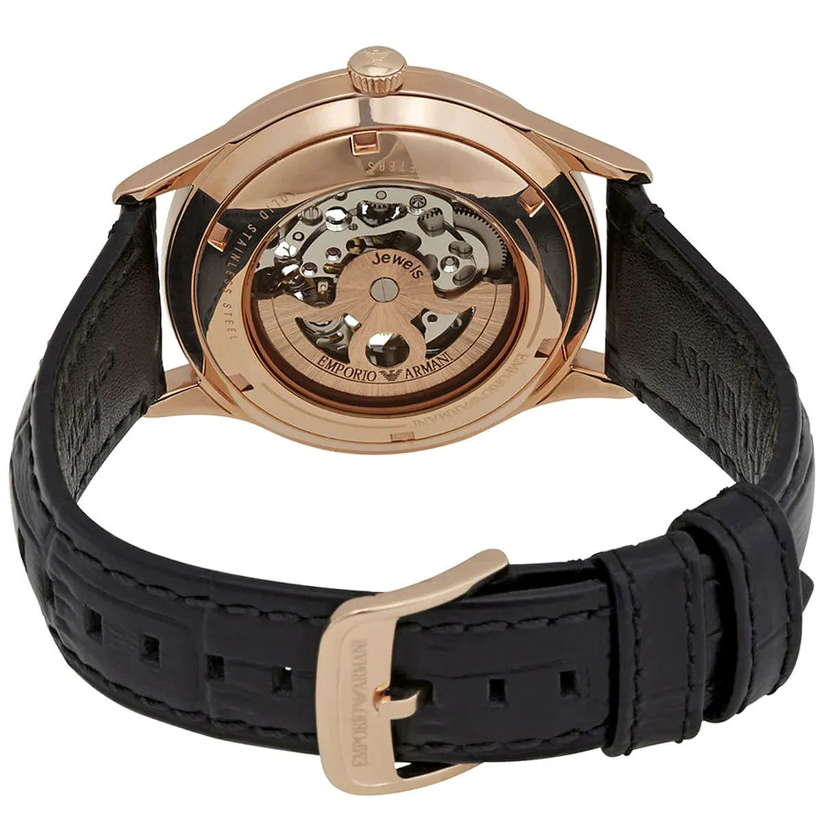 Emporio Armani Meccanico AR1924 side view showing rose gold case with Emporio Armani logo detail