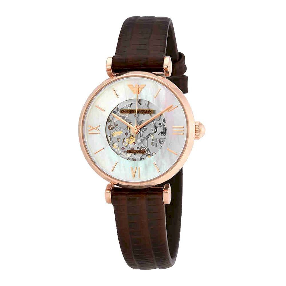 Emporio Armani skeleton watch showing mother of pearl dial with visible automatic movement and rose gold case