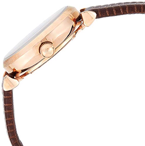 Emporio Armani Meccanico watch side profile showing rose gold case with brown leather strap