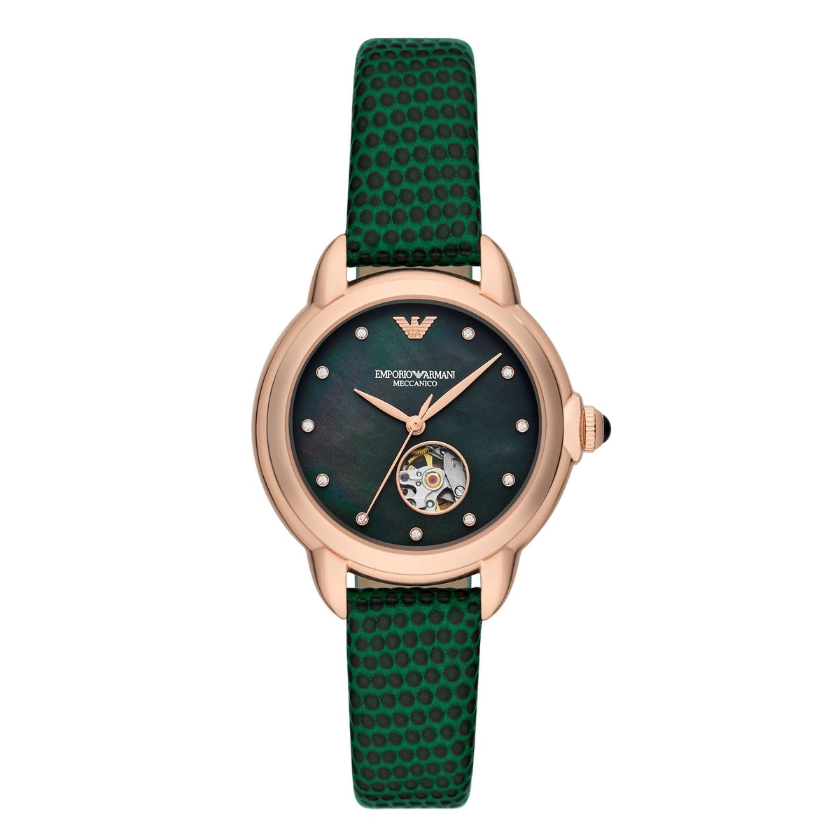 Emporio Armani Mia rose gold women's watch with black dial, open heart window, and green leather strap