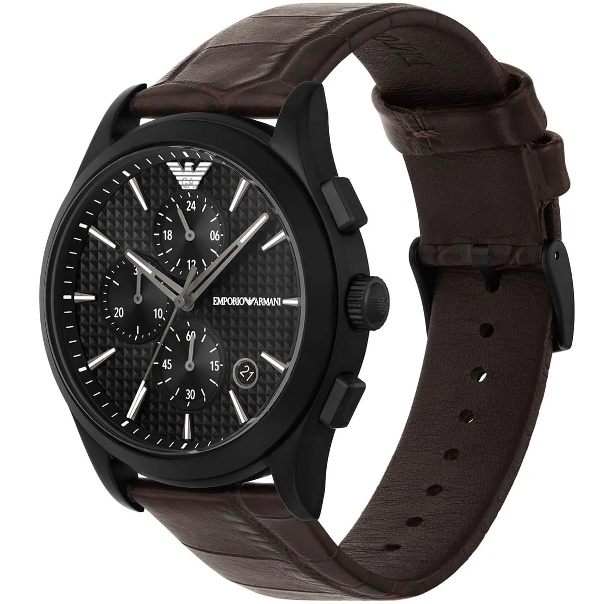 Side angle view of Emporio Armani Paolo watch showing black case and brown leather strap
