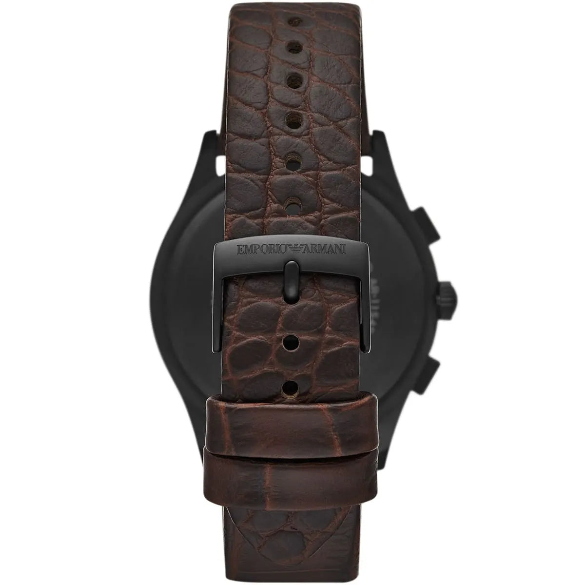 Caseback view of Emporio Armani Paolo chronograph with brown croc-embossed leather strap