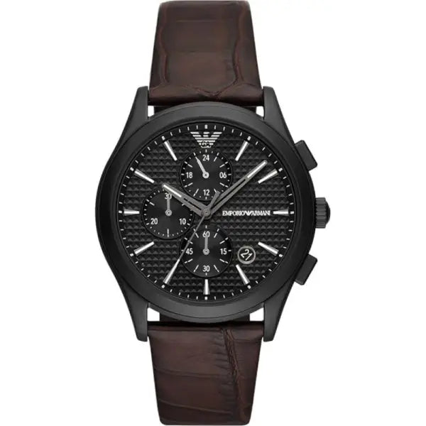 Emporio Armani Paolo chronograph watch with black dial and brown leather strap
