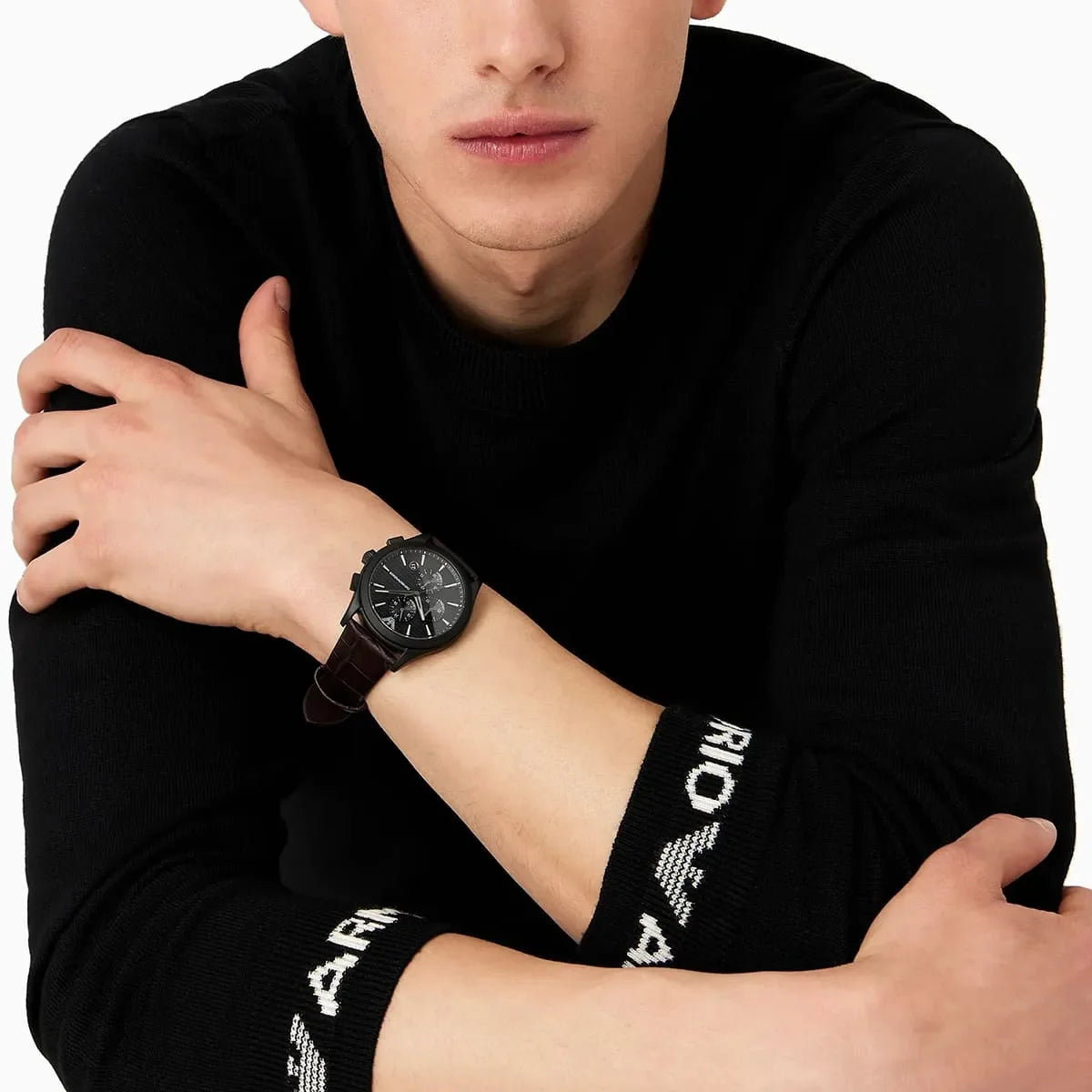 Emporio Armani Paolo chronograph watch on male wrist lifestyle shot
