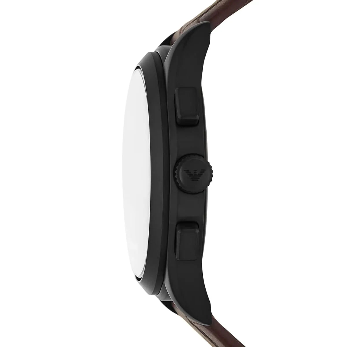 Side profile of Emporio Armani Paolo watch showing black case thickness and brown strap