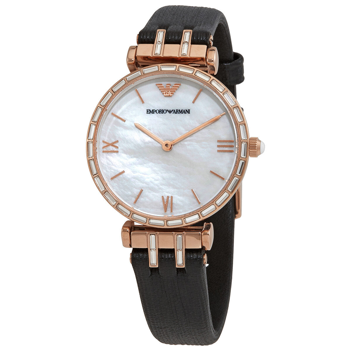 Emporio Armani AR11295 ladies watch with rose gold case and black leather strap