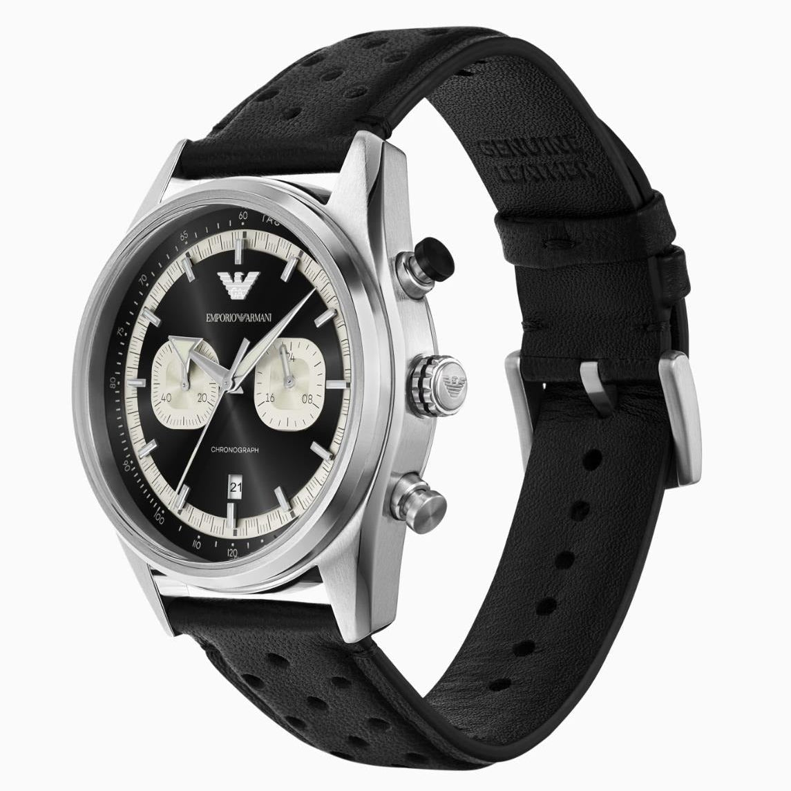Emporio Armani Racer AR11635 three-quarter view showing stainless steel case and black leather strap