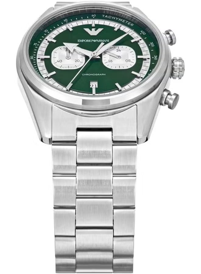 Emporio Armani Racer watch from above showing chronograph subdials and stainless steel bracelet