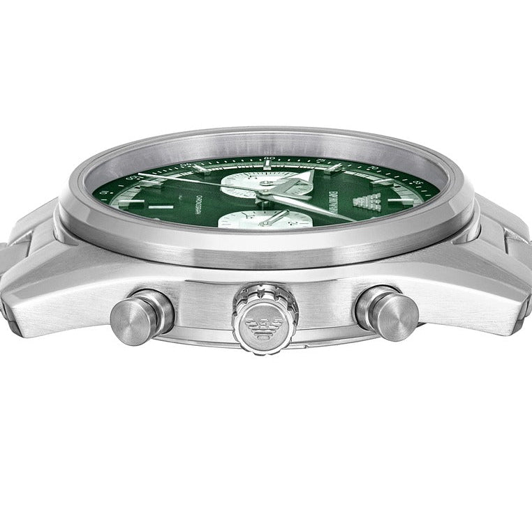 Close-up of Emporio Armani Racer dial showing chronograph subdials, markers, and green background