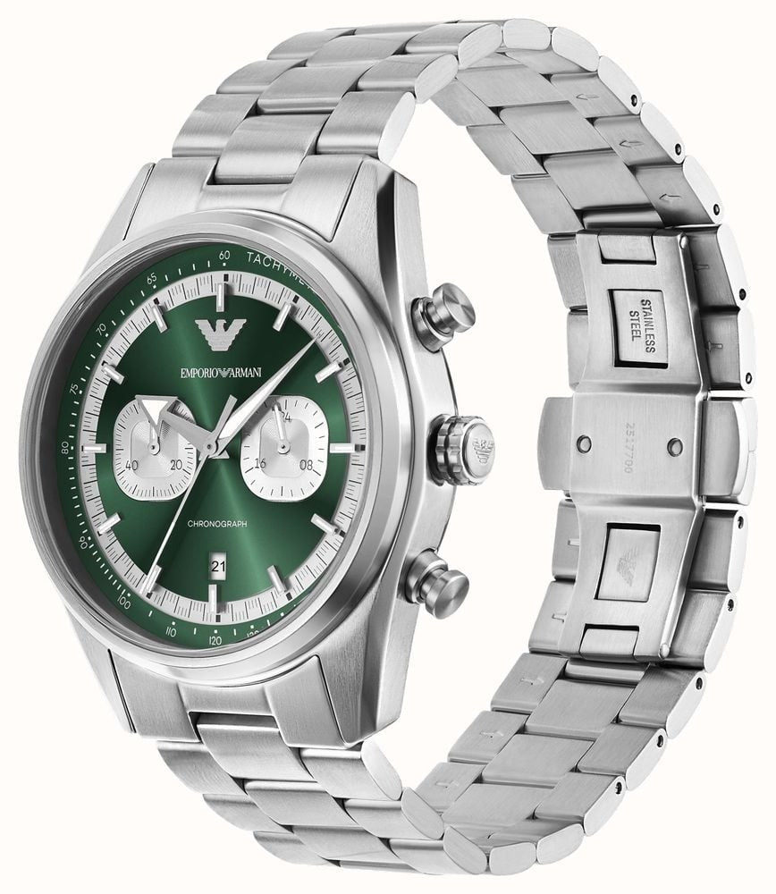 Emporio Armani Racer chronograph watch worn on wrist showing green dial and steel bracelet