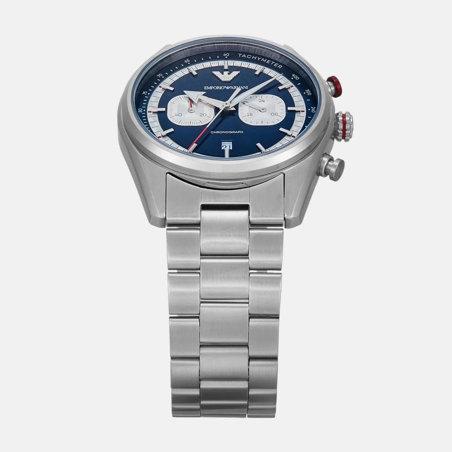 Emporio Armani Racer chronograph watch shown at angled view with stainless steel bracelet