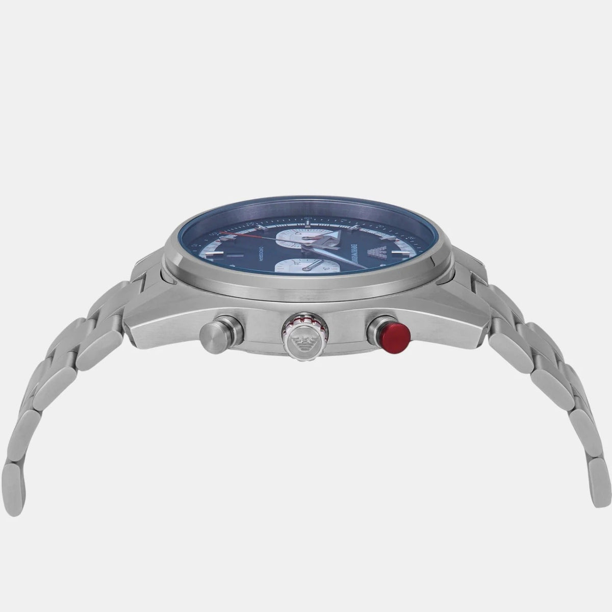 Emporio Armani Racer chronograph watch detail view showing pushers and case design