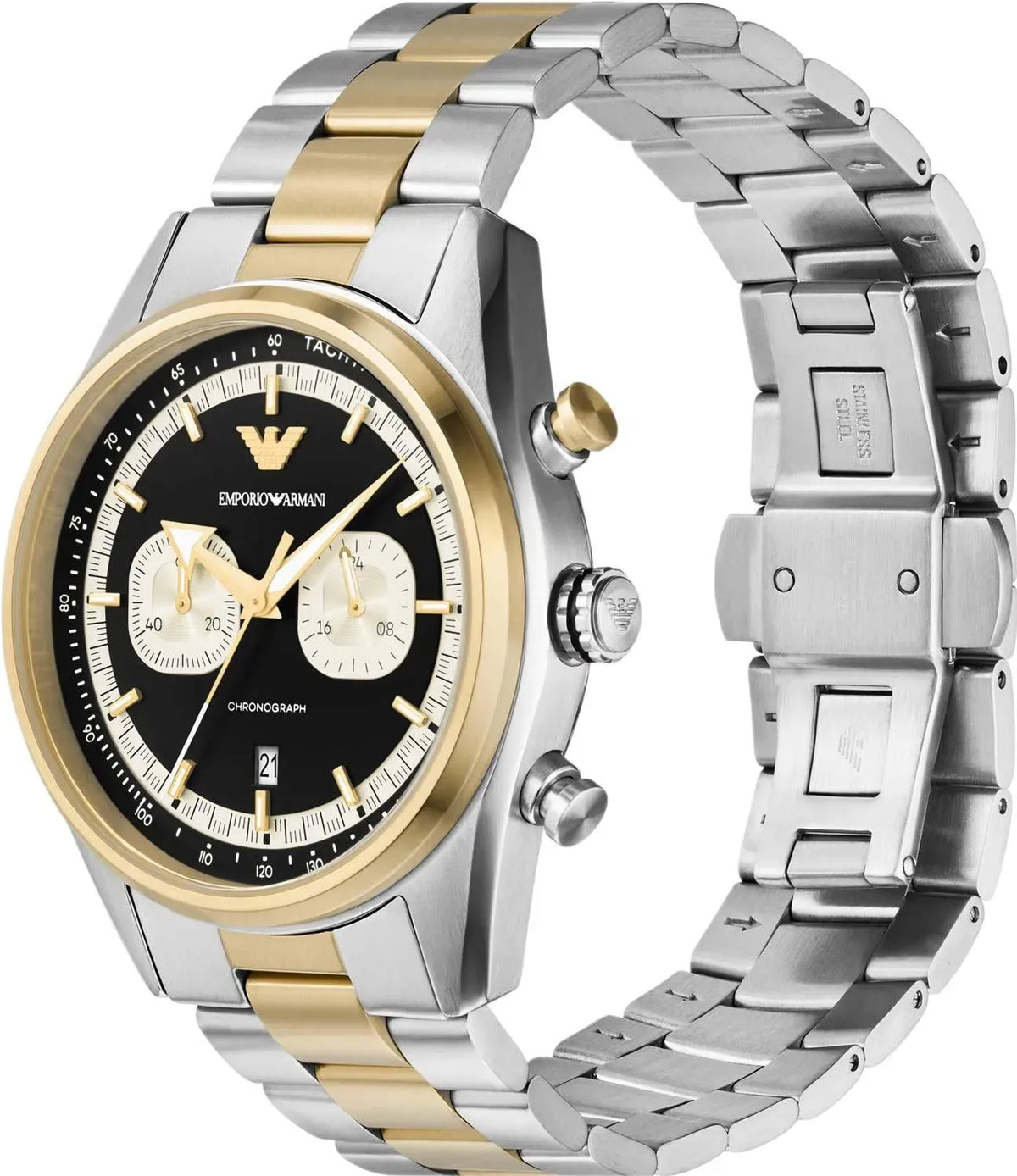 Emporio Armani Racer Chronograph Black Dial Two Tone Steel Strap Men Watch - AR11678