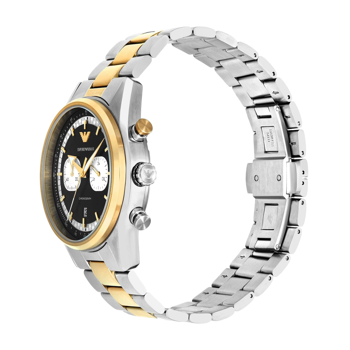 Emporio Armani Racer Chronograph Black Dial Two Tone Steel Strap Men Watch - AR11678