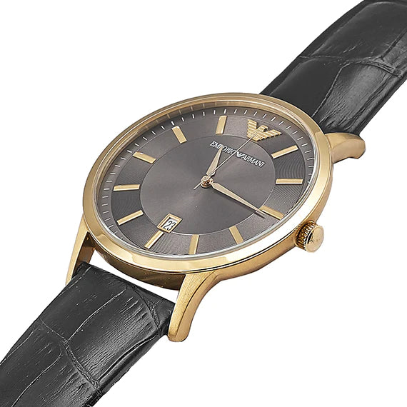 Emporio Armani Renato AR11049 watch angled view with gold case and black leather band