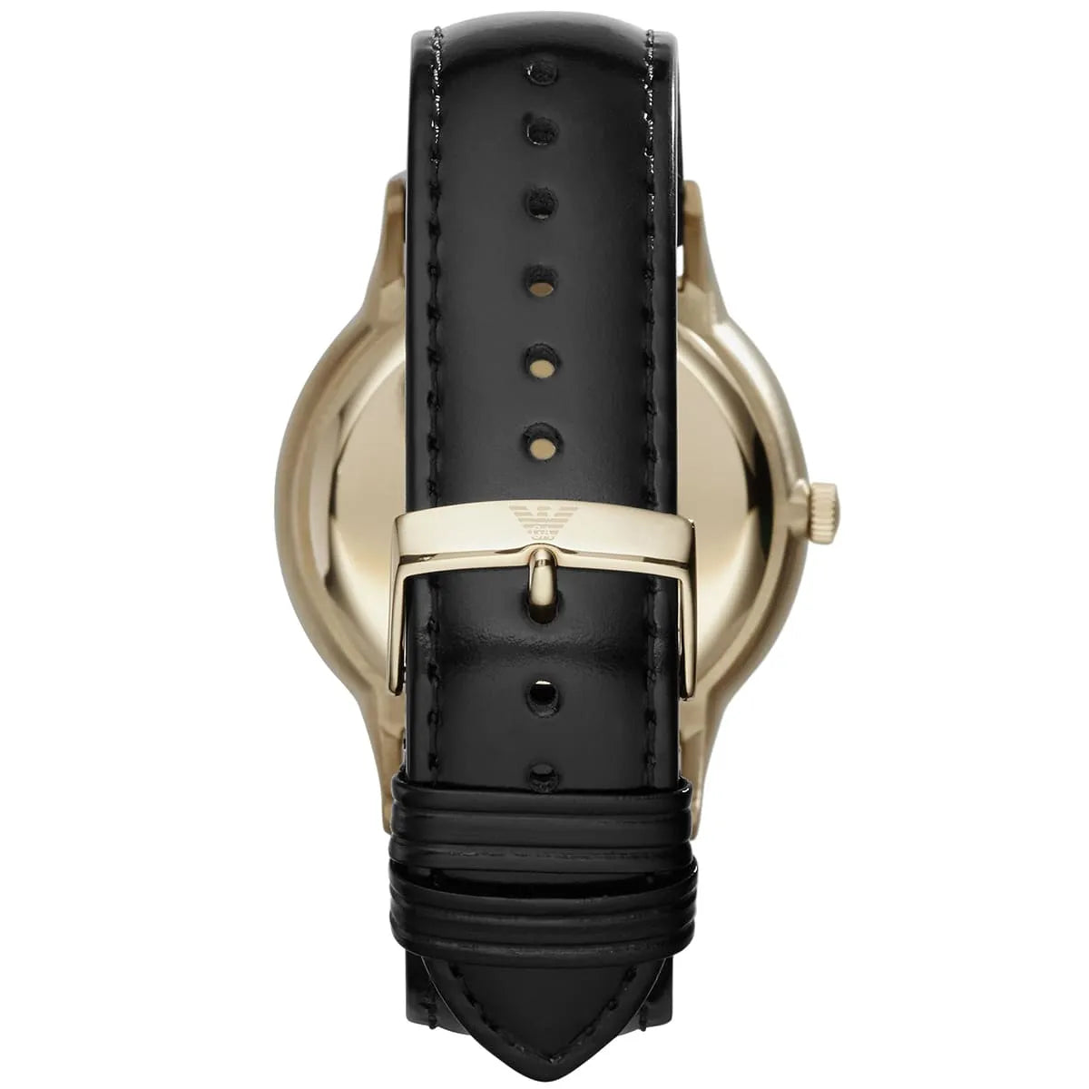 Caseback view of Emporio Armani Renato AR11049 watch showing gold-tone case back and black strap