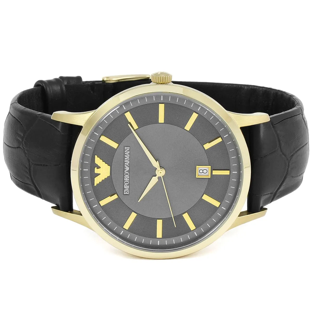 Emporio Armani Renato AR11049 watch worn on wrist showing grey dial and black crocodile-embossed strap