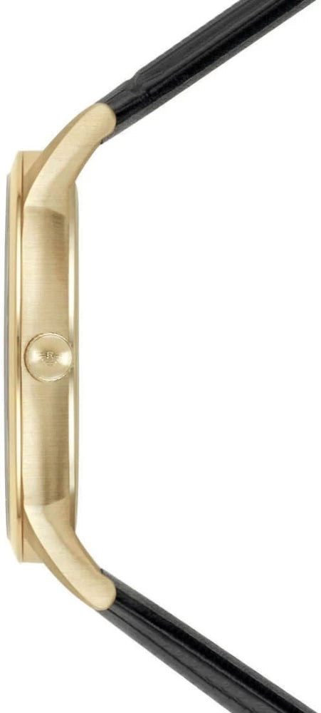 Side profile view of Emporio Armani Renato AR11049 showing gold-tone case and black leather strap