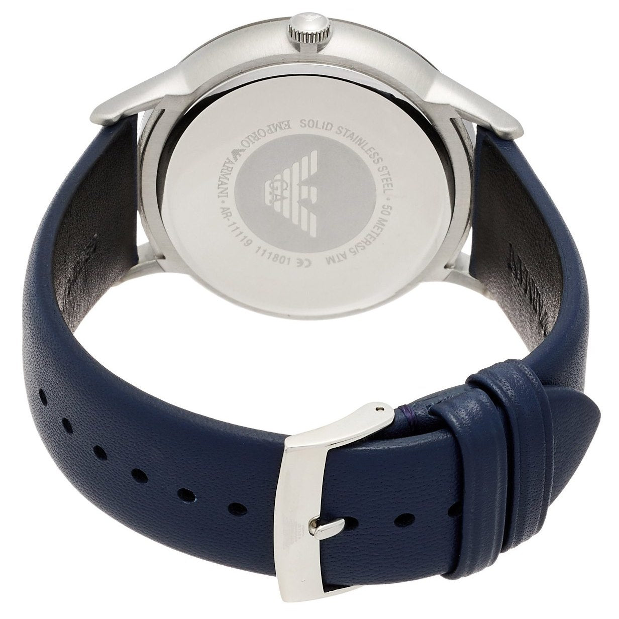 Emporio Armani Renato caseback with Armani logo and watch specifications