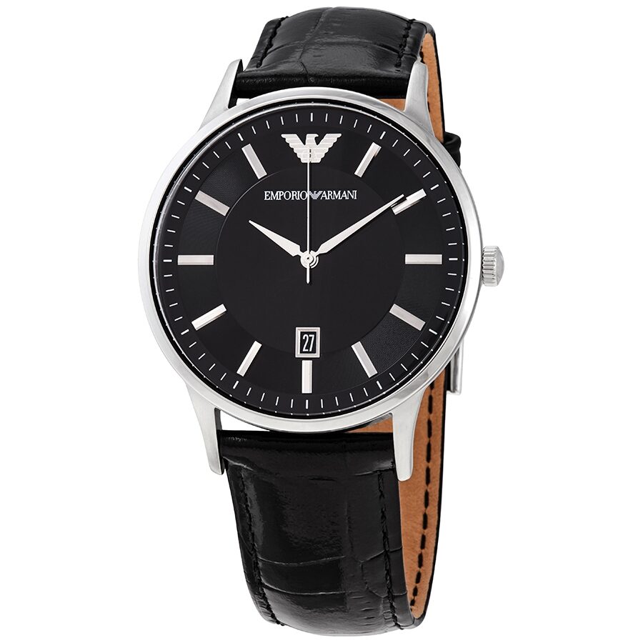 Emporio Armani Renato AR11186 black dial quartz watch with silver-tone case and black leather strap
