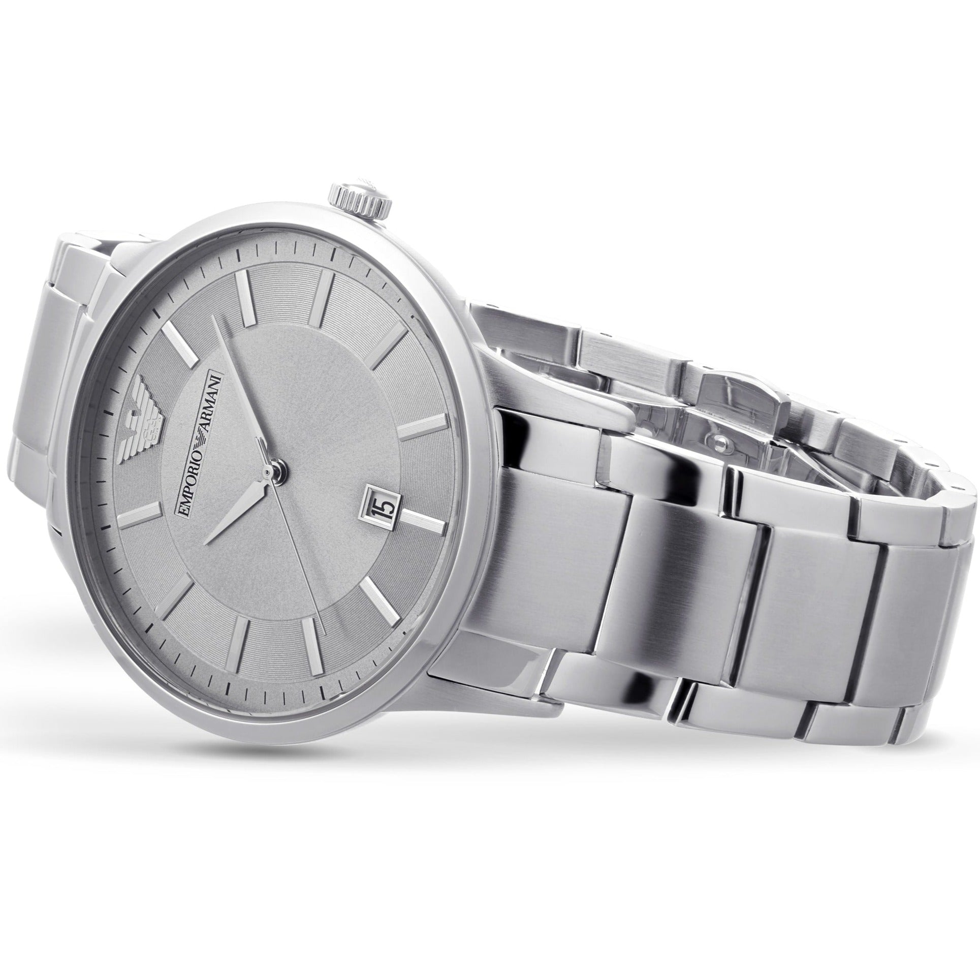 Emporio Armani Renato AR11189 men's watch angled view with steel strap and dial detail