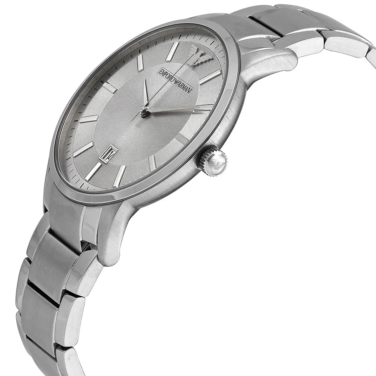 Emporio Armani Renato AR11189 side view showing silver steel case and bracelet profile