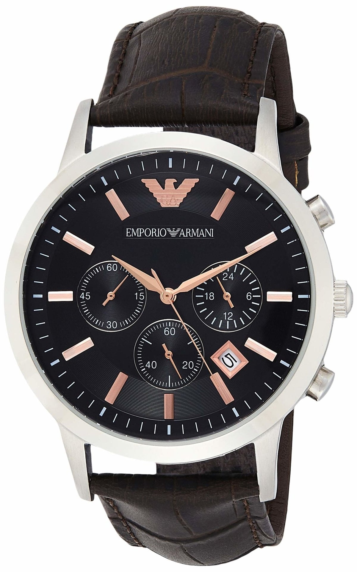Emporio Armani Renato chronograph watch angled view showing grey dial and chronograph subdials