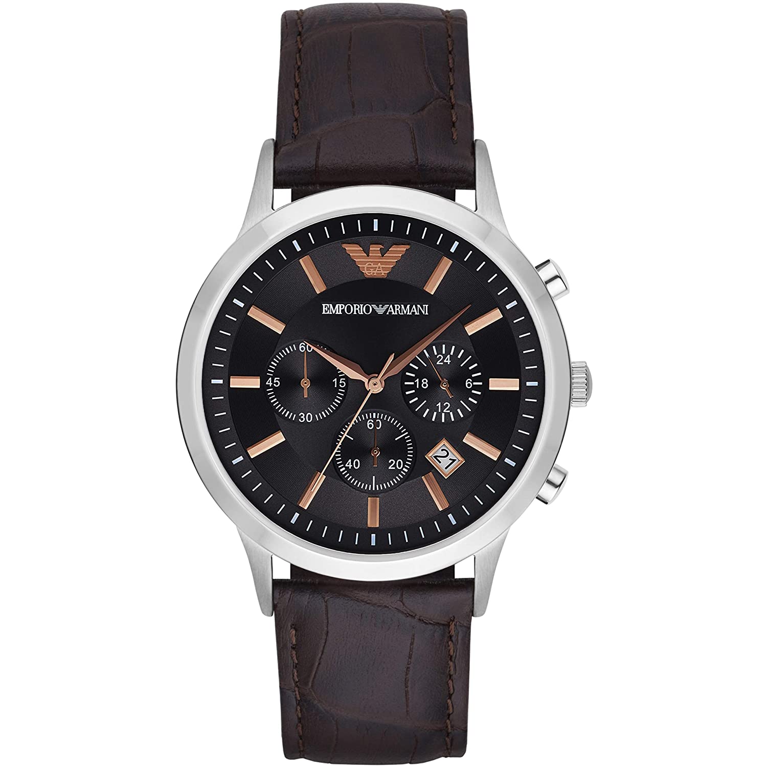 Emporio Armani Renato chronograph watch with grey dial, rose gold accents, and brown crocodile leather strap
