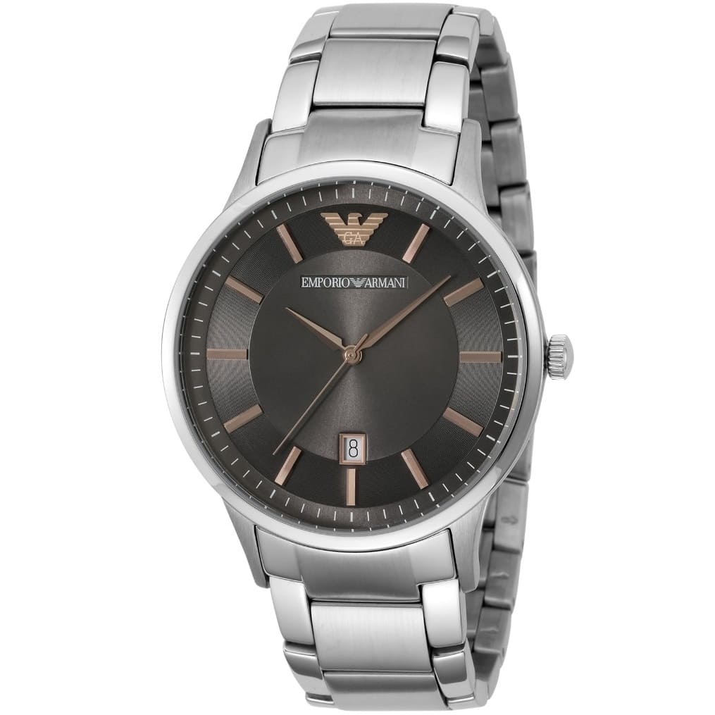 Emporio Armani Renato watch front angled view showing grey dial with date window