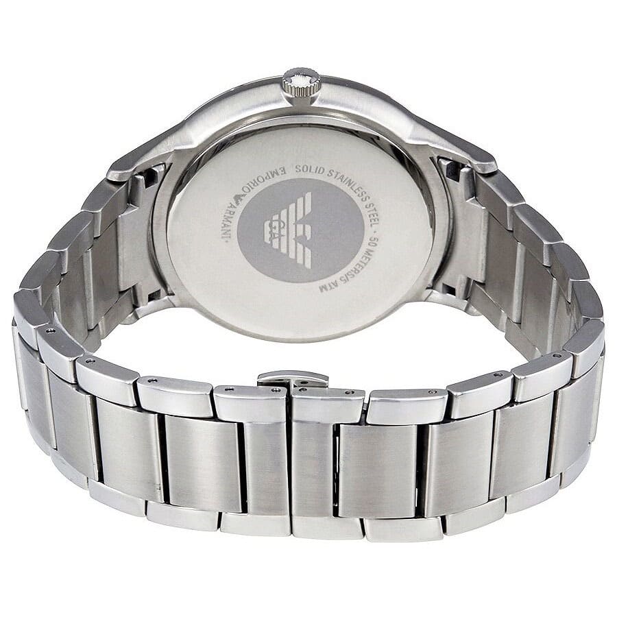 Emporio Armani Renato caseback with engraved logo and water resistance information