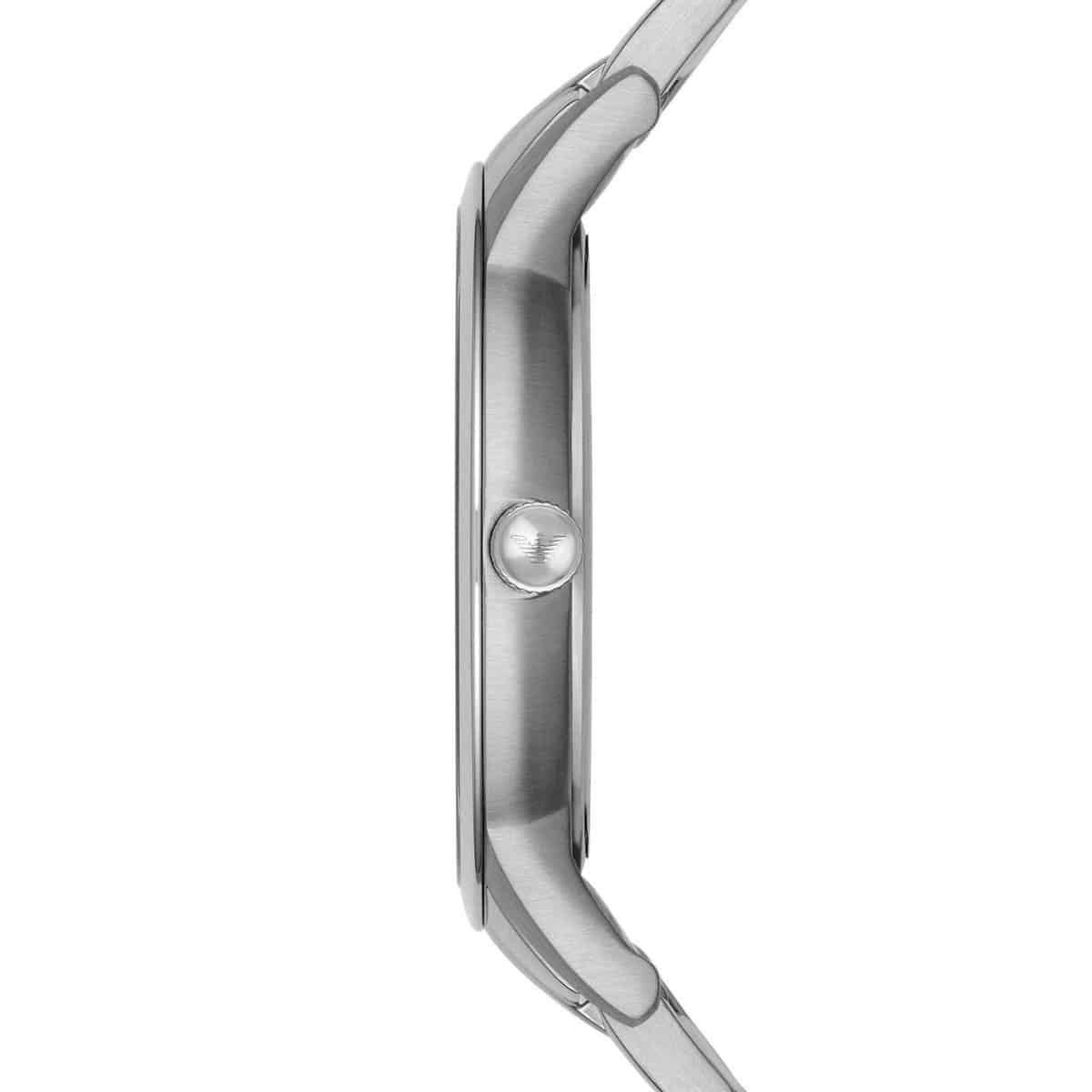Emporio Armani Renato watch side profile showing case thickness and steel bracelet