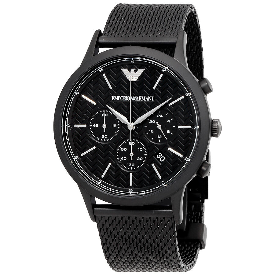 Emporio Armani Renato chronograph watch with black dial, subdials, and black mesh bracelet