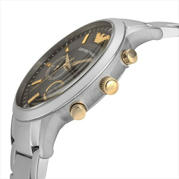 Side angle view of Renato chronograph showing grey dial, gold-tone pushers and stainless steel case