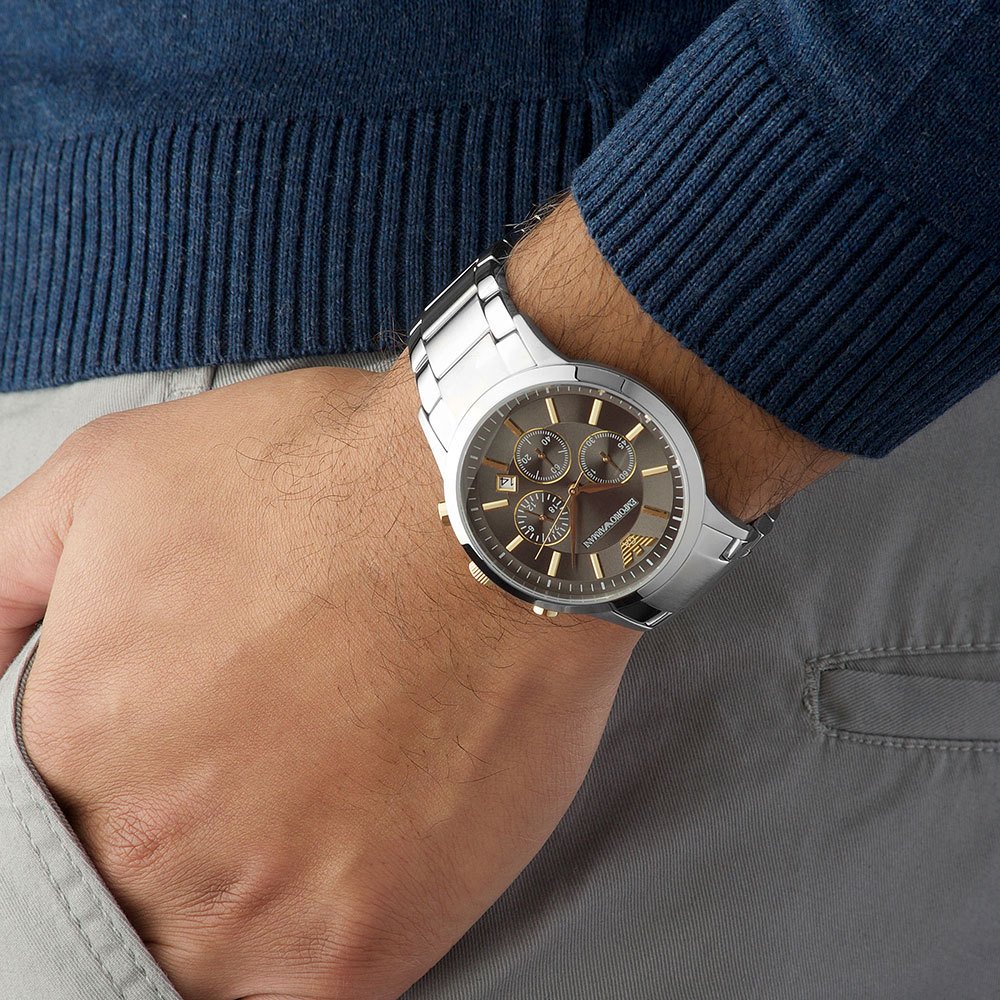 Emporio Armani Renato chronograph watch on wrist displaying stainless steel bracelet